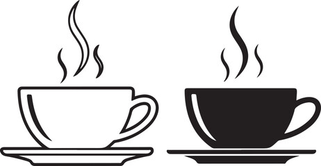 Obraz premium Black Silhouette and Outline Coffee Cups with Steam Side by Side drink
