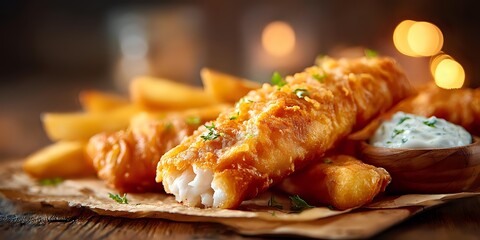 Golden crispy fish and chips with tartar sauce on wooden board, traditional British pub food with warm bokeh lighting background.