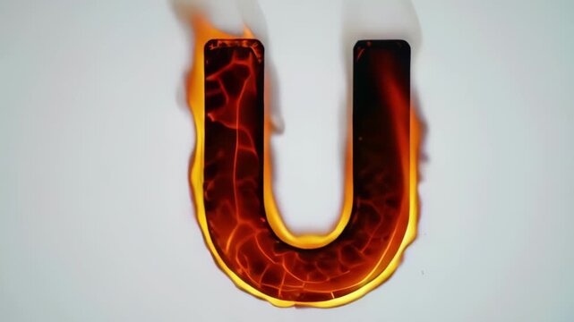 Letter u on fire with glowing lava texture inside, burning effect on light background
