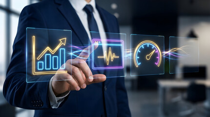 Businessman expertly managing digital performance metrics and driving business growth with futuristic interface