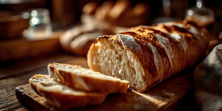 Freshly baked artisan bread loaf sliced on wooden cutting board in warm bakery kitchen setting for culinary and food photography projects. - Powered by Adobe