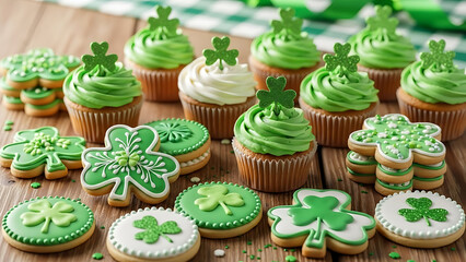 Festive Cupcakes and Cookies with Shamrocks for St. Patrick’s Day Celebration