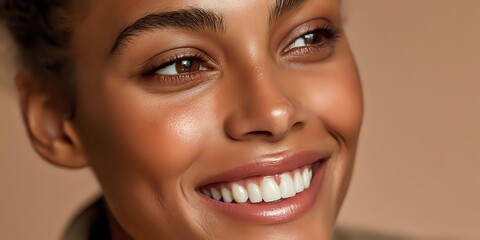 Young African American woman with radiant smile and glowing skin showcasing natural beauty and confidence against warm neutral background for skincare campaigns.