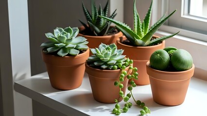 Fototapeta premium Collection of small potted succulents in terracotta pots on windowsill for home decor and indoor gardening projects.