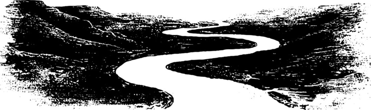 Black and white stencil of serene sediment trails on rocky landscape