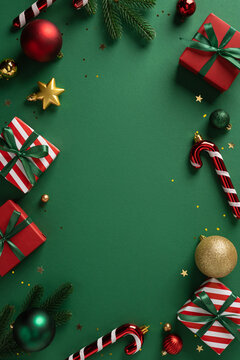 Fototapeta Vibrant vertical Christmas scene with red and green gifts, candy canes, baubles, and sparkling ornaments arranged on a green backdrop, conveying festive decor, holiday mood, and New Year celebration