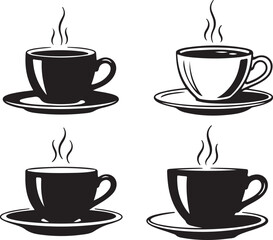 Obraz premium Four Coffee Cups with Steam, Two Black Silhouettes and Two Outlined drink