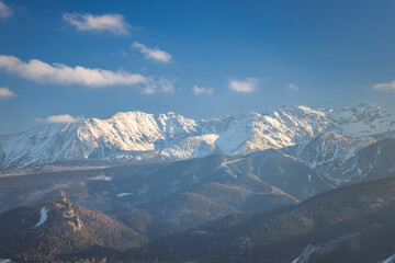 Tatra Mountains above Zakopane town in Poland, Europe. Snow-covered mountain range under a bright blue sky. The mountains are layered, with lush forests at their base, offering a beautiful vista.