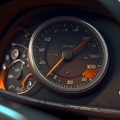 Fototapeta premium Close up of a vehicle dashboard with circular speedometer and other gauges in a dark setting, orange accents