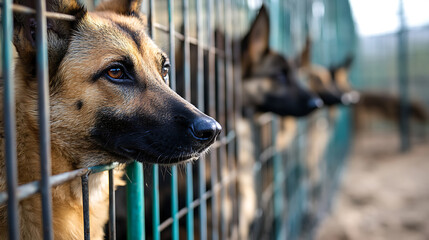 Focused dog with soulful eyes behind bars, longing for freedom & connection. Compelling gaze reflects resilience, inspiring hope. A poignant portrait of determination.