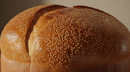 Close up photo of a golden baked delicious round sesame seed bread