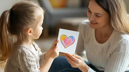 A young child proudly presents a handmade, heart-themed card to her smiling mother. The card's vibrant colors and heartfelt gesture highlight their loving relationship and bond.