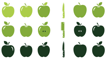 Apple Icon Color Set – Green and Black Fruit Silhouette Vector Collection