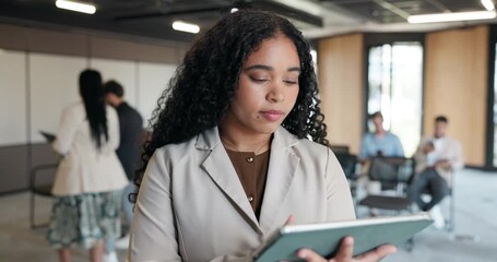 Event planner, woman and scroll in office with tablet for workshop coordination, agenda and program. People, female employee and typing with tech, conference schedule and corporate training review.
