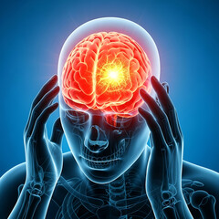 X-ray visualization of severe headache pain affecting the human brain with intense glowing epicenter