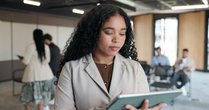 Event planner, woman and scroll in office with tablet for workshop coordination, agenda and program. People, female employee and typing with tech, conference schedule and corporate training review. - Powered by Adobe