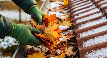 Close-up of hands in green gloves removing autumn leaves from a snow-dusted roof gutter during early winter, with colorful maple foliage and frost on the tiles