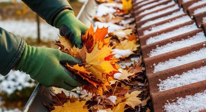 Close-up of hands in green gloves removing autumn leaves from a snow-dusted roof gutter during early winter, with colorful maple foliage and frost on the tiles - Powered by Adobe
