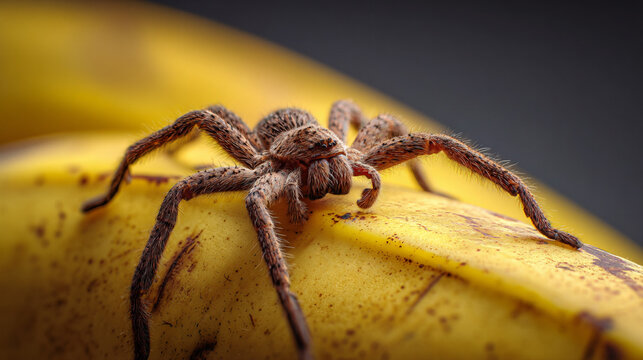 Cinematic macro shot of Brazilian wandering spider on ripe yellow banana with dramatic natural lighting