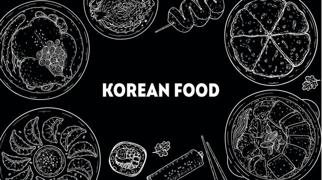 Korean food frame. Hand drawn top view Korean food dishes vector sketch illustration. Samgyetang, mandu, kimbap, jjigae, pajeon, kimchi, odeng