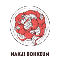 Nakji bokkeum or Stir-fried octopus sketch. Korean food. Hand drawn vector illustration. Top view.