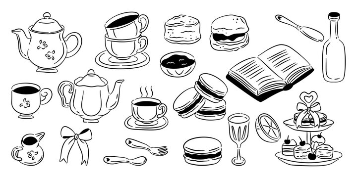 Hand-drawn outline set for a tea party includes teapot, stacked cups, scones, macarons, open book, desserts, and utensils on white background.