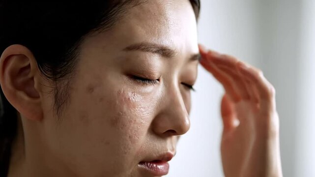 Concerned woman touching face showing dull skin texture and hyperpigmentation spots