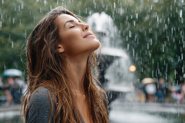 Woman enjoys raindrops in a park near a fountain during a summer afternoon
