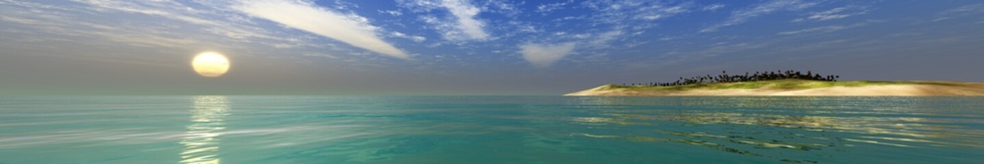 Obraz premium Beautiful beach with palm trees at sunset, panorama of a tropical landscape, sea sunset, 3d rendering