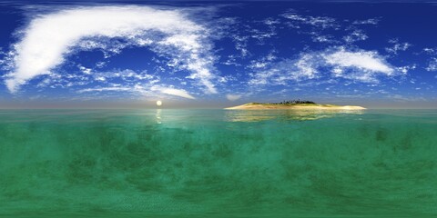 HDRI High resolution map, environment map, Round panorama, spherical panorama, equidistant projection, sea sunset, panoramic, 3D rendering. Sunset over a tropical island 