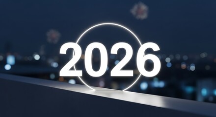 A clean and modern “2026” displayed in bold white sans-serif typography floats above a sleek rooftop ledge overlooking a softly glowing city at night.