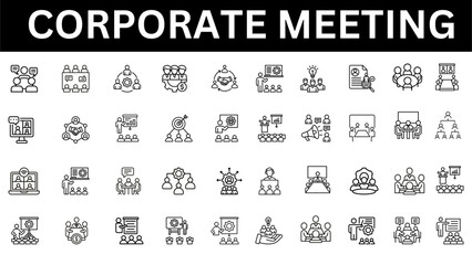 Corporate meeting icon set in line style. Conference, team, brainstorm, seminar, interview, collection. Vector illustration.