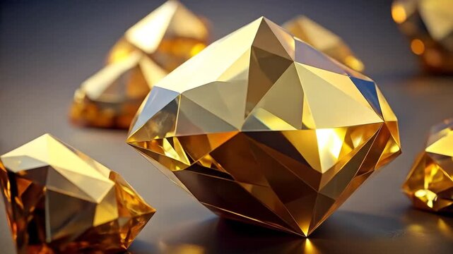 A close-up view of several golden, geometric, multifaceted jewels on a dark surface