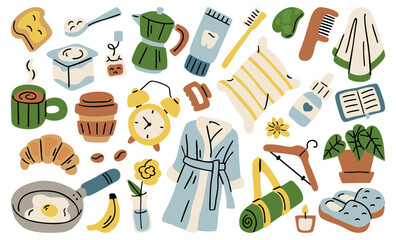 Cozy morning routine doodle set