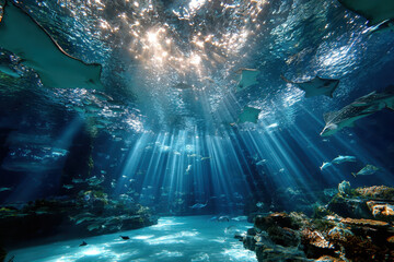 Sunbeams illuminate stingrays and fish in a deep blue ocean