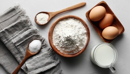 A high-angle, flat lay view of baking ingredients, including flour, eggs, milk, and salt, arranged on a light gray surface.