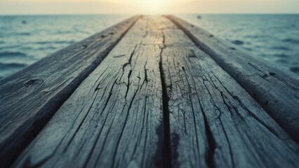 Close-up view of an old wooden pier leading towards a bright horizon over rippling water