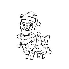 Naklejka premium Cute Llama Tangled in Christmas Lights and Santa Hat Line Art. Kawaii Cartoon Black and White Vector Icon for Funny Holiday, Winter Mascot, or Festive Animal Design Generative ai 