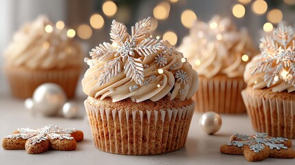 Traditional decorated Christmas cupcakes holiday baking Deliciously decorated cupcakes with snowy icing and festive ornaments create a charming holiday scene.