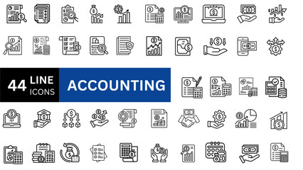 Accounting icon set. Containing financial statement, accountant, financial audit, invoice, tax calculator, business firm, tax return, income and balance sheet icons.  Vector illustration 
