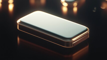 Sleek metallic rectangular object, golden highlights, dark background