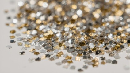 Close-up of scattered gold and silver glitter, creating a shimmering, textured surface