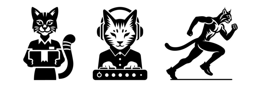 Cat themed vector illustrations of various activities and professions.
