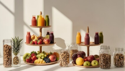 Naklejka premium Colorful juices and fresh fruits displayed on wooden stands, alongside granola in jars