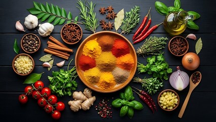 A vibrant overhead shot of various spices herbs and fresh ingredients arranged artfully on a dark wooden surface showcasing a rich palette of colors and textures.