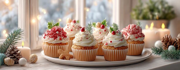 Traditional decorated Christmas cupcakes holiday baking Festive cupcakes adorned with cream, sprinkles, and holiday decorations on a cozy table setting.