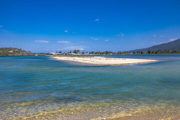 Fteroti Beach, sandbanks and lagoon in Sithonia, Chalkidiki, Greece