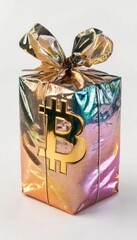 Golden Bitcoin on Holographic Gift Box. Cryptocurrency Investment Concept.