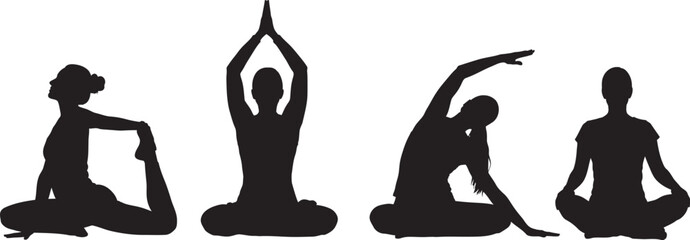 Silhouette series depicting four different yoga poses for wellness and physical fitness