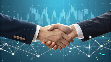 Successful business partnership illustrated by a handshake against a futuristic digital network background